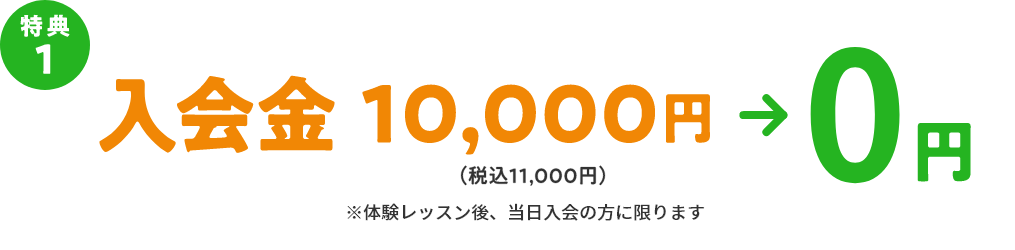 特典1　入会金10,000円（税込11,000円）→ 0円